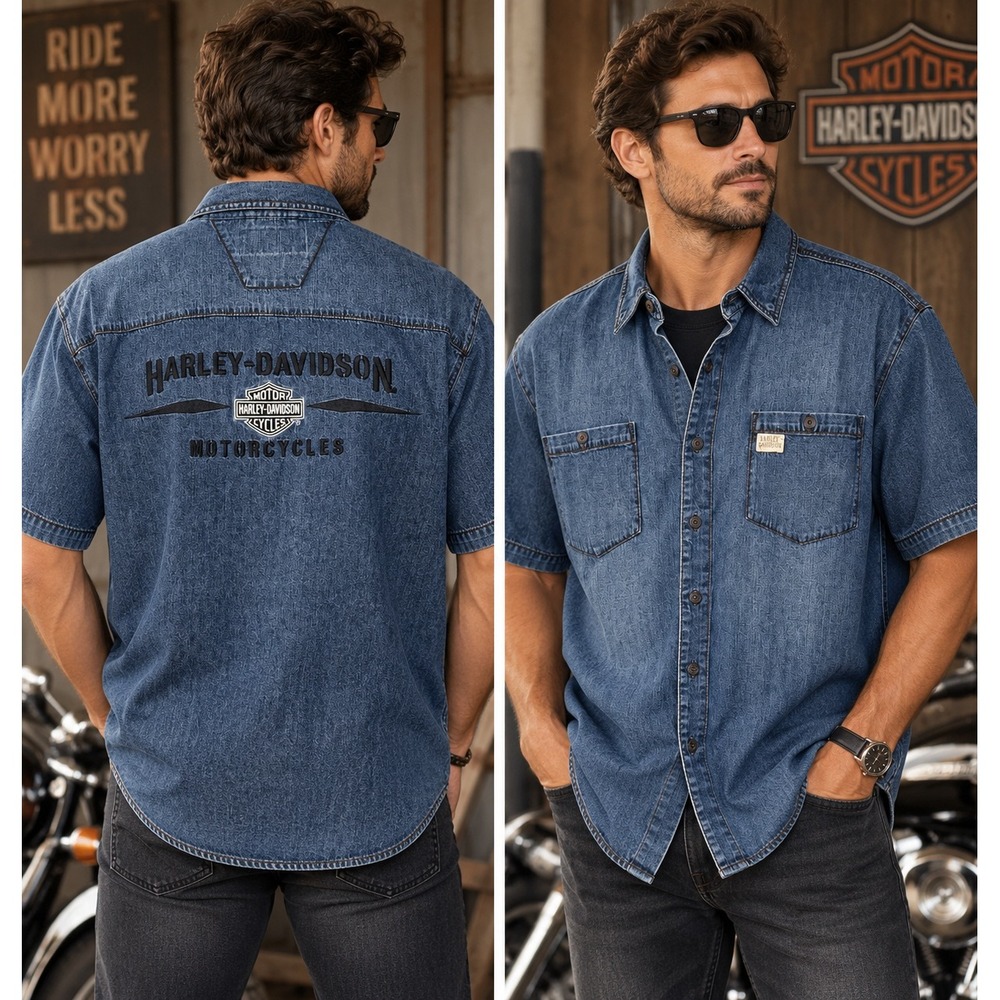 Harley-Davidson Denim Shirt Mens L Blue Embroidered Biker Workwear